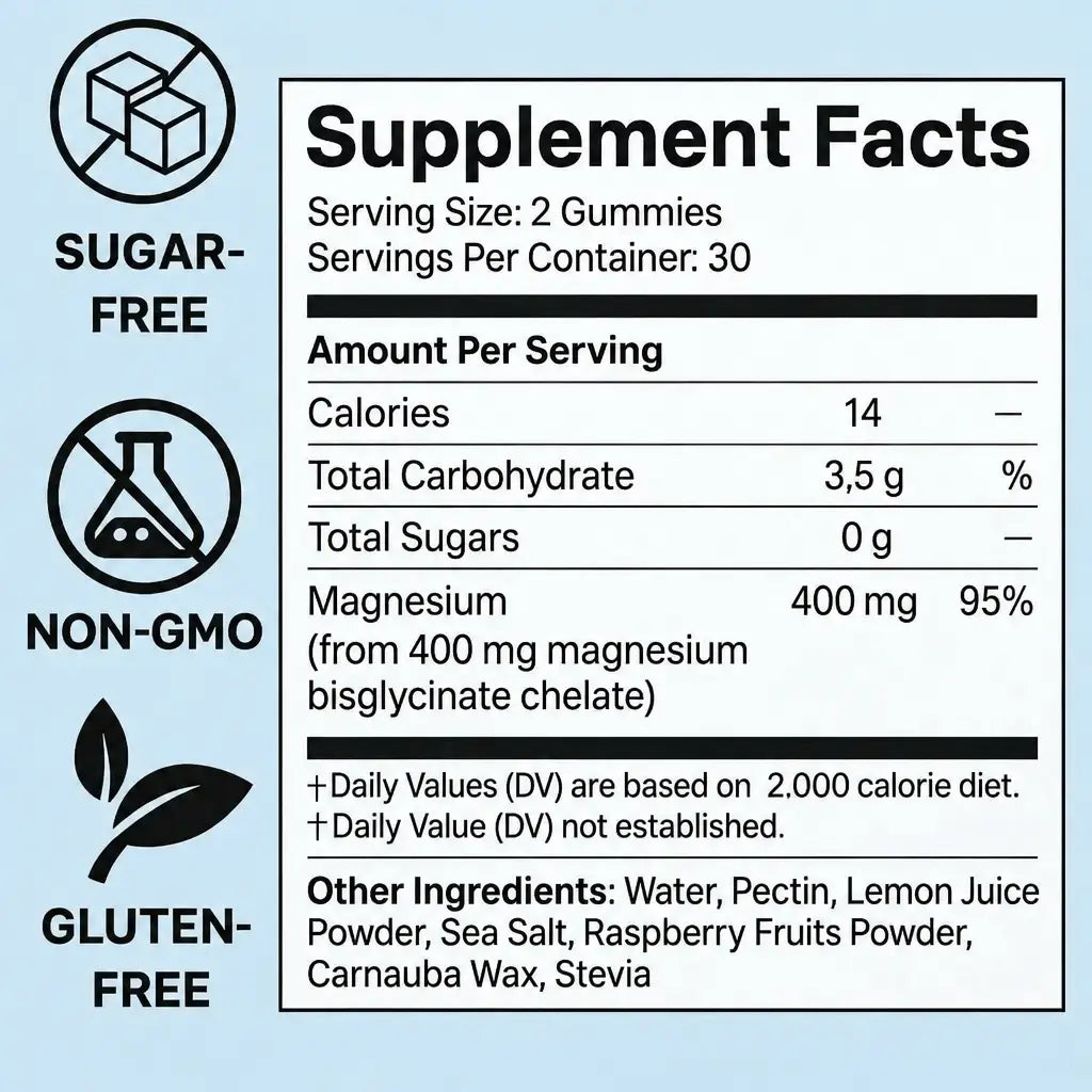 A supplement facts label with icons indicating Sugar-Free, Non-GMO, and Gluten-Free, alongside a Supplement Facts table showing serving size 2 gummies and ingredients.
